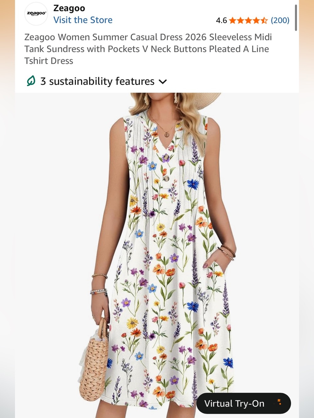 Zeagoo Wildflower Floral Sleeveless Midi Dress with Pockets Women’s Size L